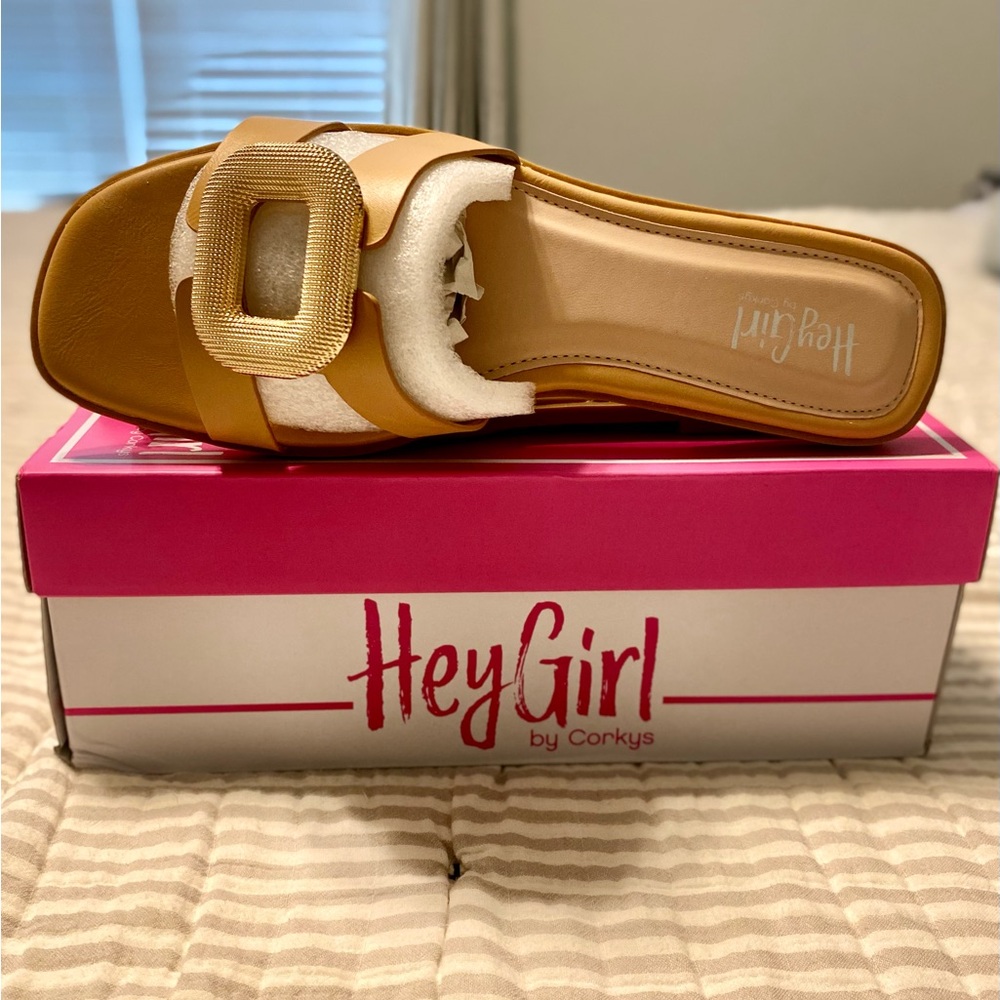 Corky’s Hey Girl Tan Slide Sandals with Buckle